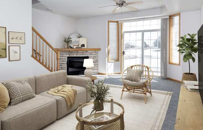 a living room with a couch chair and fireplace