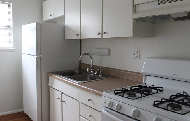 a kitchen with a stove and a sink and a refrigerator