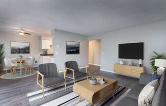 an open living room and dining room with a table and chairs