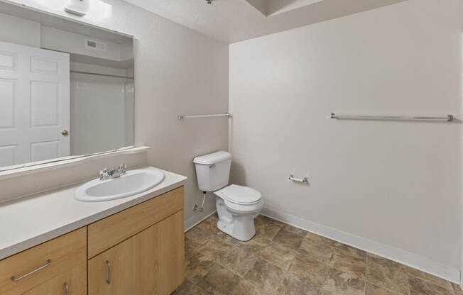 A bathroom with a toilet, sink, and mirror at Fieldstream Apartment Homes, Iowa