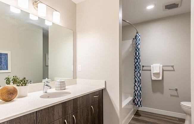 134th street lofts bathroom with a large mirror, sink, toilet and full tub shower