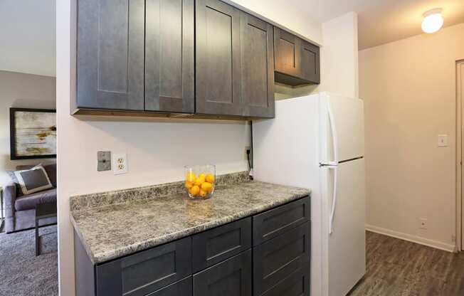 a kitchen with black cabinets and a white refrigerator