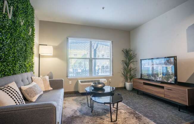 an apartment living room with a couch and a tv