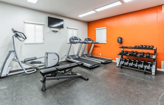 a workout room with weights and a tv in the corner