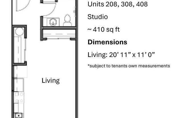 Studio, 1 bath, 398 sqft, $1,300, Unit 308