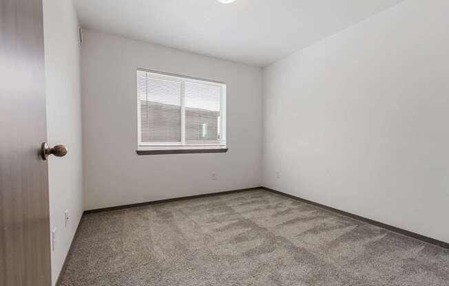 A room with a carpeted floor and a window with blinds.