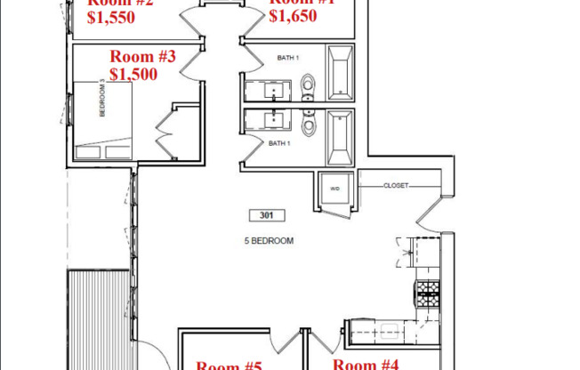 5 beds, 2 baths, 1,050 sqft, $7,850, Unit 301