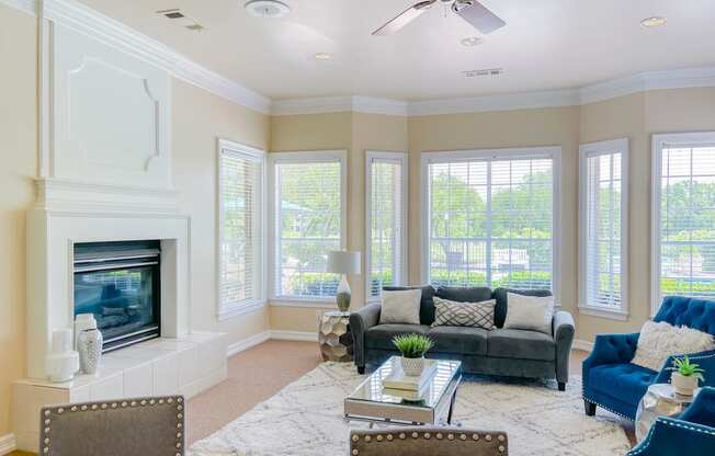 Large bright windows inside of the community clubhouse at Turnberry Isle Apartments!