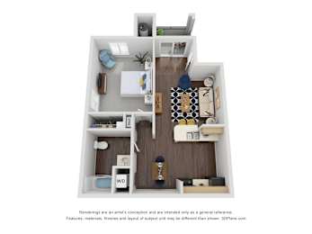A 3D floor plan of a small apartment with a kitchen, living room, and bedroom.