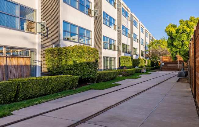 A long concrete walkway leads between two rows of apartment buildings.