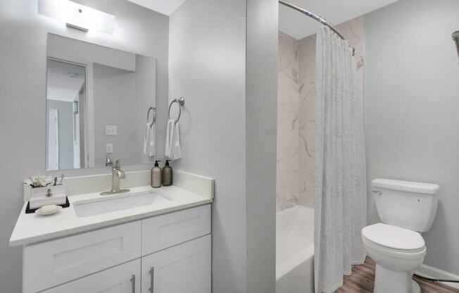 a bathroom with a sink and a toilet and a shower at Station JTown, Louisville, 40299