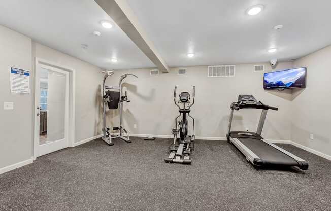 A spacious home gym with a treadmill, elliptical trainer, and stationary bike.