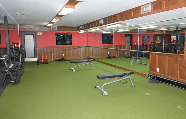 a view of the weights area in the gym