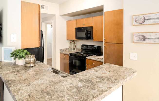 A kitchen with a granite countertop and wooden cabinets.