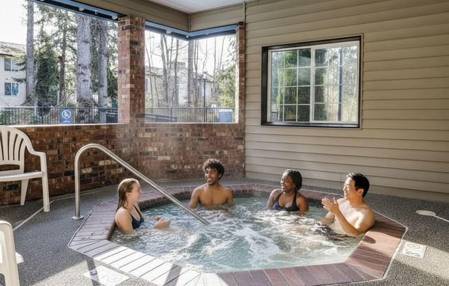 A group of people are enjoying a hot tub on a sunny day.