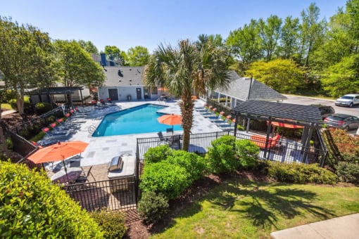 Aerial View of the Resort Style Pool at Palmetto Place Apartments, Taylors, 29687
