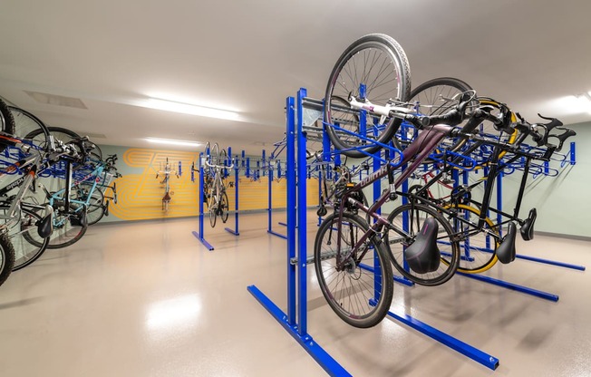 A bike rack with many bikes on it.