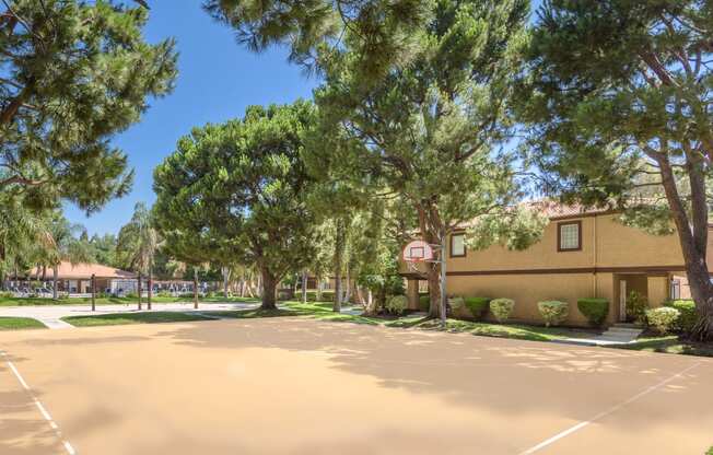 an empty parking lot in front of a building with trees