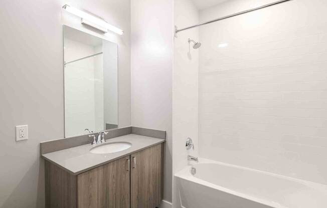 a bathroom with a sink and a tub and a mirror