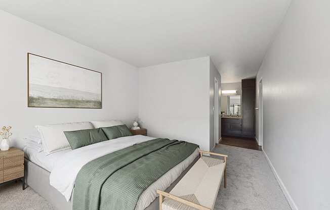 Model Bedroom with Carpet at Creek at 2645 Apartments located in Sacramento, CA.
