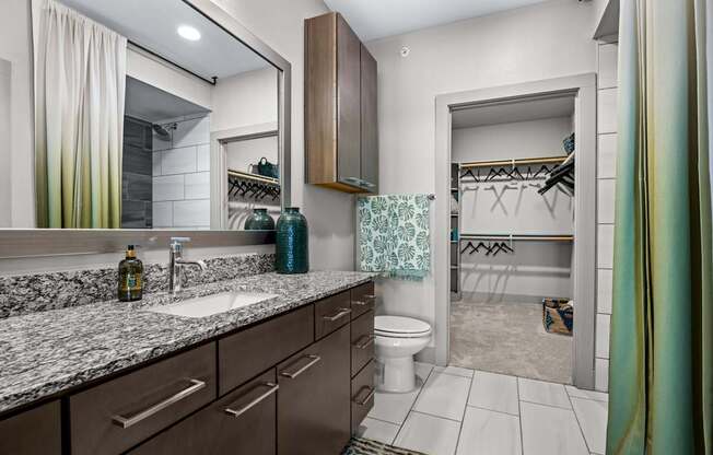 A bathroom with a sink, mirror, and toilet.