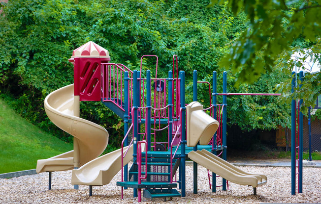 a playground with a slide and other toys in a park