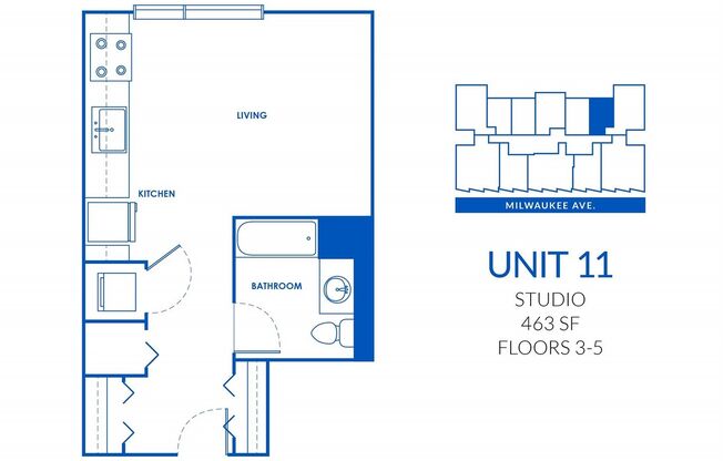 Studio, 1 bath, 463 sqft, $1,644, Unit 830-411