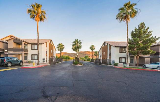 A street view of a residential area with houses and palm trees at Sterling Point Apartment Homes, Arizona, 85042