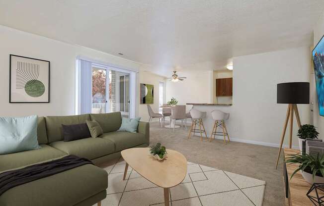 A living room with a green couch and a wooden coffee table.