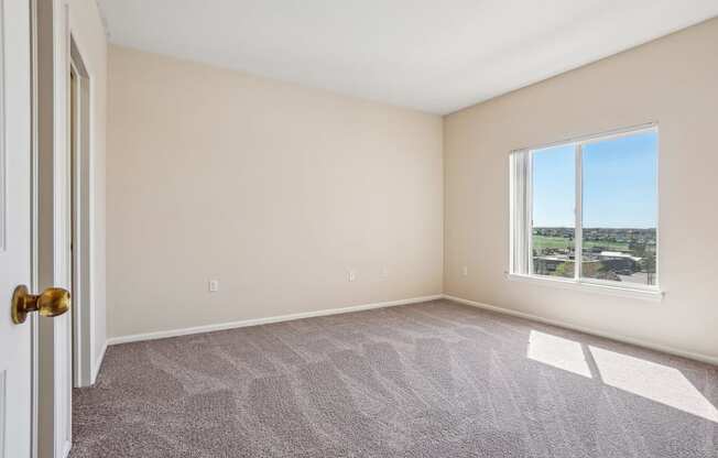 A room with a carpeted floor, a door, and a window.
