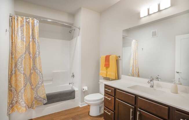 a bathroom with a sink toilet and shower and a mirror