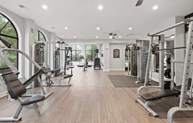 a gym with weights and cardio equipment in a luxury home