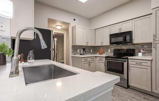 Apartments in Houston, TX for Rent – Gramercy Park -  a kitchen with a sink and a stove and a microwave