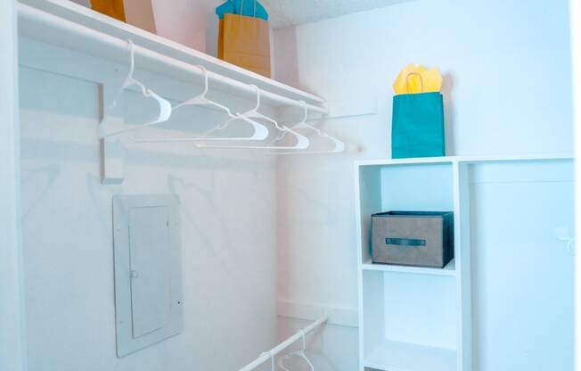 Model walk-in closet with built-in white shelves at Chisholm Place Apartments in Plano, TX