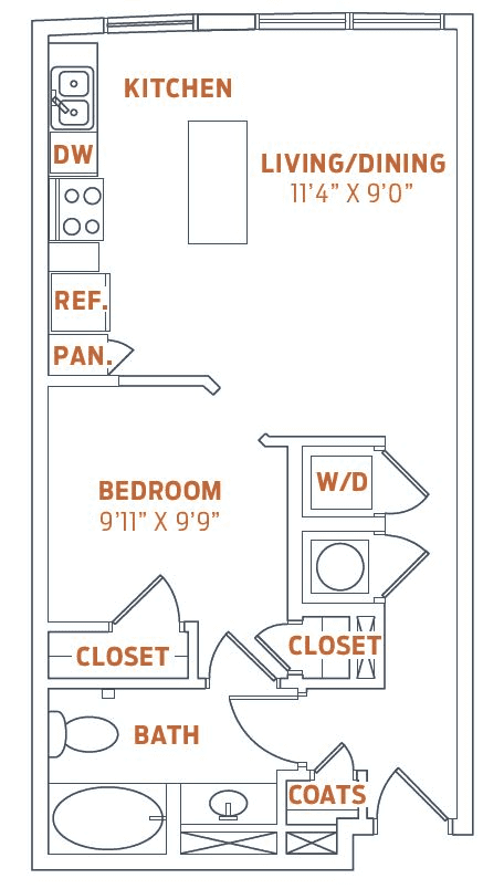 Studio, 1 bath, 616 sqft, $1,465