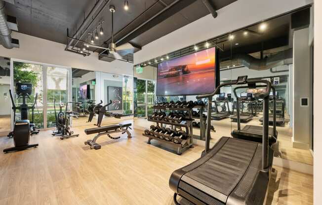 a gym with weights and cardio equipment and a tv on the wall