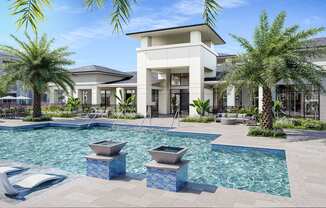 a swimming pool with palm trees and a building in the background