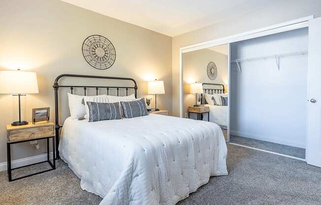 a bedroom with a bed and a closet