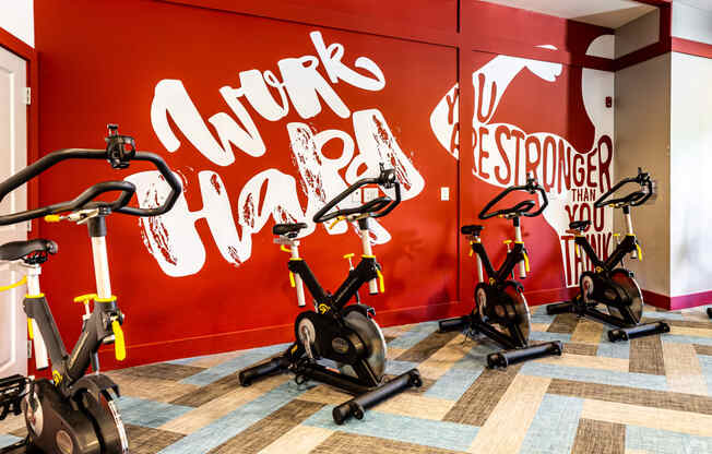 a workout room with exercise bikes in front of a wall with a mural