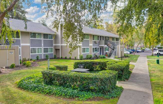 Pinecrest apartment community exterior grounds with apartment buildings and mature landscaping at Pinecrest Apartments, Davis