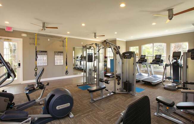 Fitness center with cardio and weight machines, TRX bands and free weights