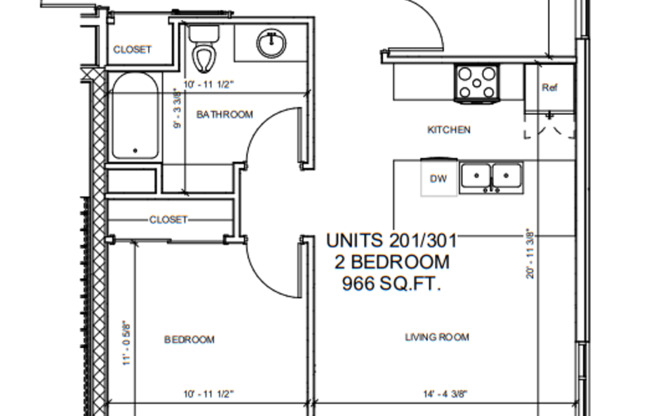 2 beds, 1 bath, 966 sqft, $1,650, Unit 301