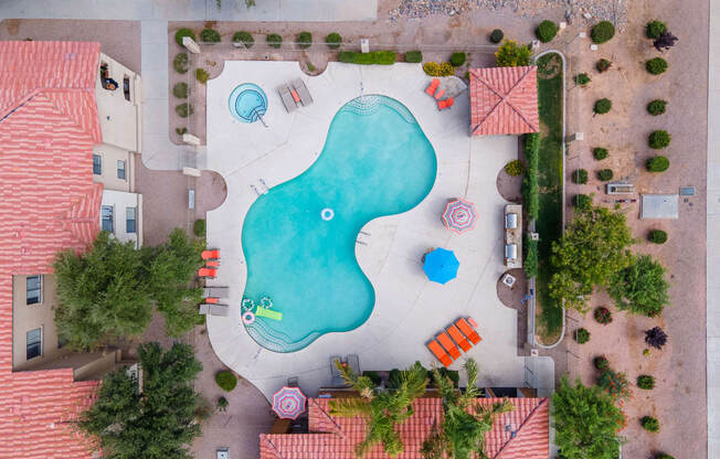 drone photo of pool at The Colony Apartments, Arizona, 85122