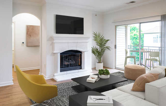 Living Room with Balcony and Fireplace