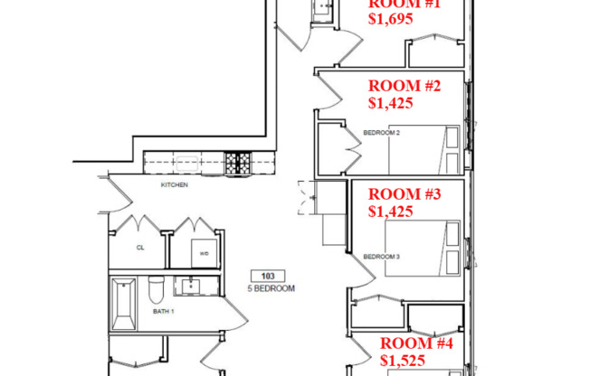 5 beds, 2 baths, 1,245 sqft, $7,665, Unit 103 (ROOM RENTAL)