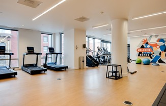 A gym with treadmills, exercise balls, and a ropes sign.
