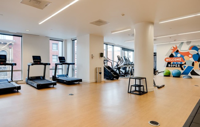 A gym with treadmills, exercise balls, and a ropes sign.
