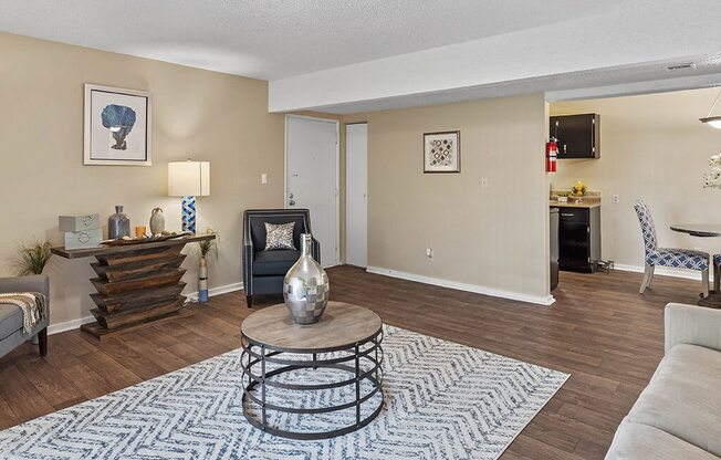 a living room with a couch and a table