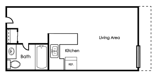 A floor plan of a small apartment with a living area, kitchen and bath.