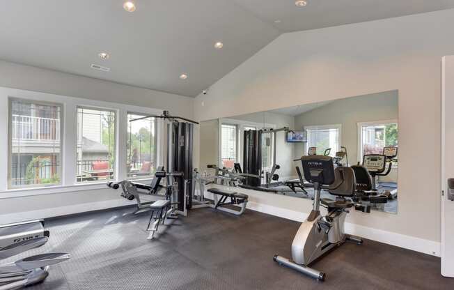 Fitness Center with Excercise Bike, Chest Machines, Full Mirrors, Rubber Matt Floor